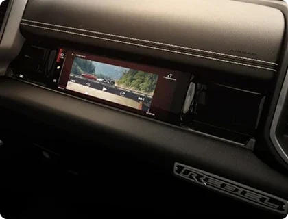 RAM front passenger interactive display touchscreen for navigation cameras and streaming