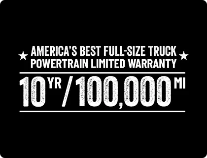 Badge reading America's Best Full-Size Truck Powertrain Limited Warranty, 10 years / 100,000 miles